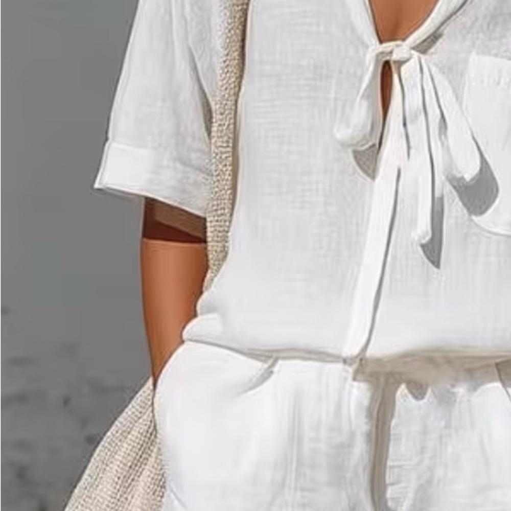 Linen Blend Set - tie neck shirt and shorts- Stylish Summer Essential